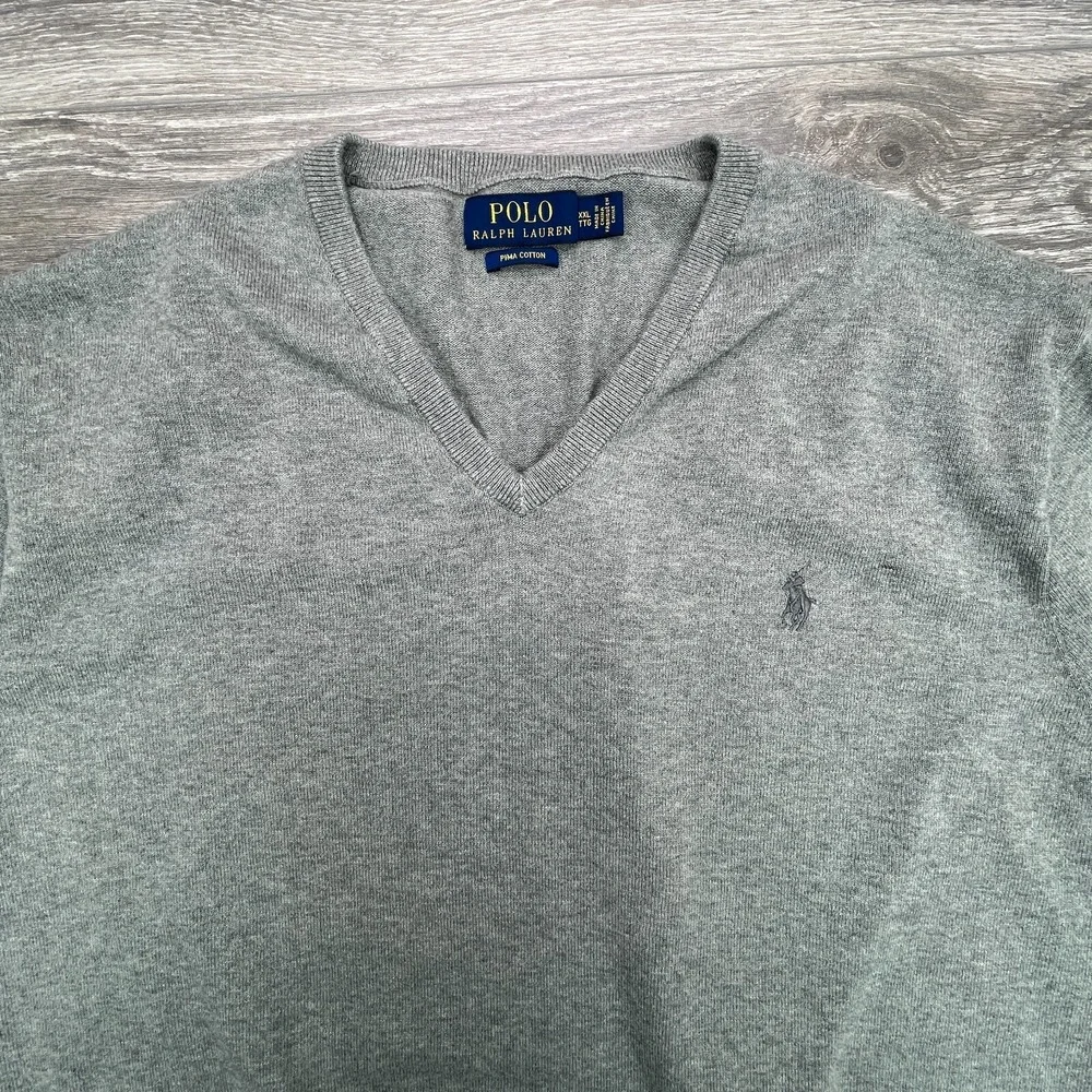 Polo Sweater Mens 2XL Gray Pony Pima Cotton Academia Minimalist V Neck Preppy